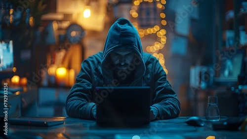 The title can be changed to: "Stealthy hacker involved in data espionage and cybercrime". Concept Digital Espionage, Cybercrime, Stealthy Hacker, Data Breach, Undercover Operations