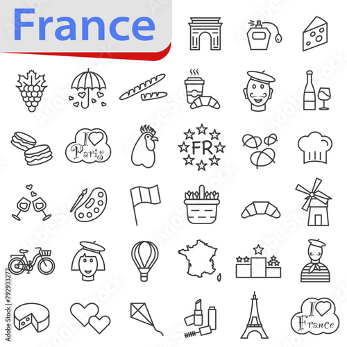 Thin line icons. Welcome to France. Vector icons about France. Sights of France.