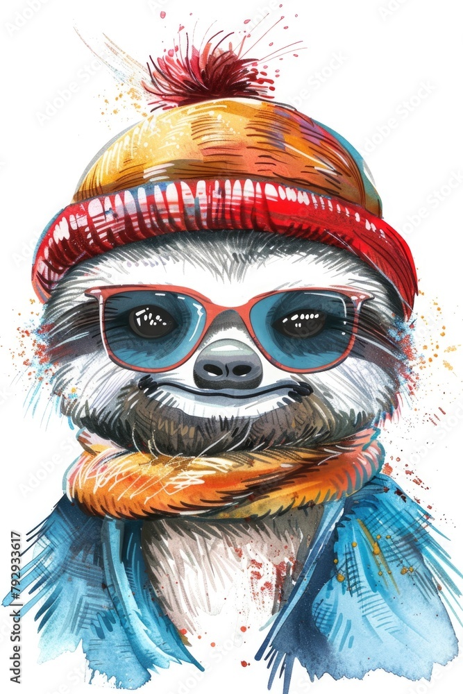 Naklejka premium A sloth sporting a warm winter hat and colorful scarf