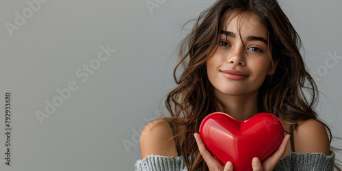 smiling young woman holding red plastic heart © xavmir2020