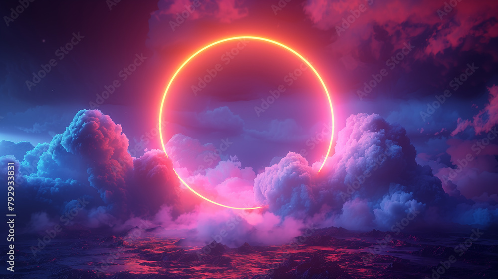abstract cloud illuminated with neon light ring on dark night sky. Glowing geometric shape, round frame. abstract cloud illuminated with neon light ring on dark night sky. Glowing geometric shape, round frame.