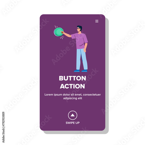 press button action vector. activate select, trigger execute, start play press button action web flat cartoon illustration