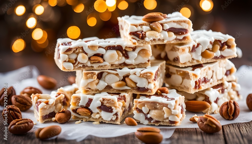 Delicious traditional Italian festive torrone or nougat with nuts.
