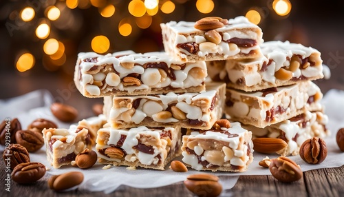 Delicious traditional Italian festive torrone or nougat with nuts.
