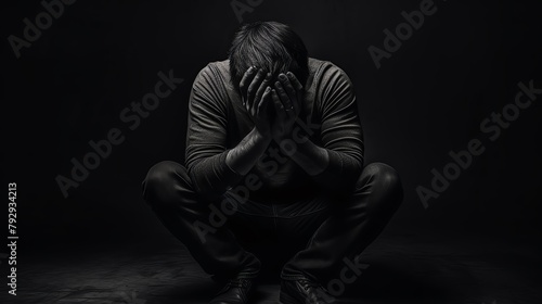 Black and white image of a person with their head in their hands  sitting in a dark room  portraying deep emotional distress