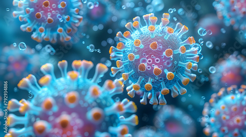 corona virus 2019-ncov flu outbreak, covid-19 3d banner illustration, microscopic view of floating influenza virus cells. © aekkorn