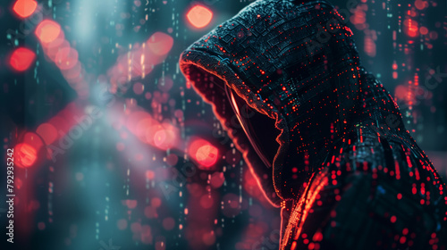 Silhouette of a hooded person against a backdrop of glowing digital rain, symbolizing cybersecurity and data privacy.