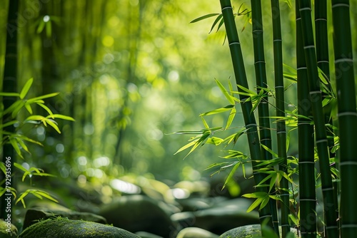 Lush Bamboo Forest with Mossy Rocks 