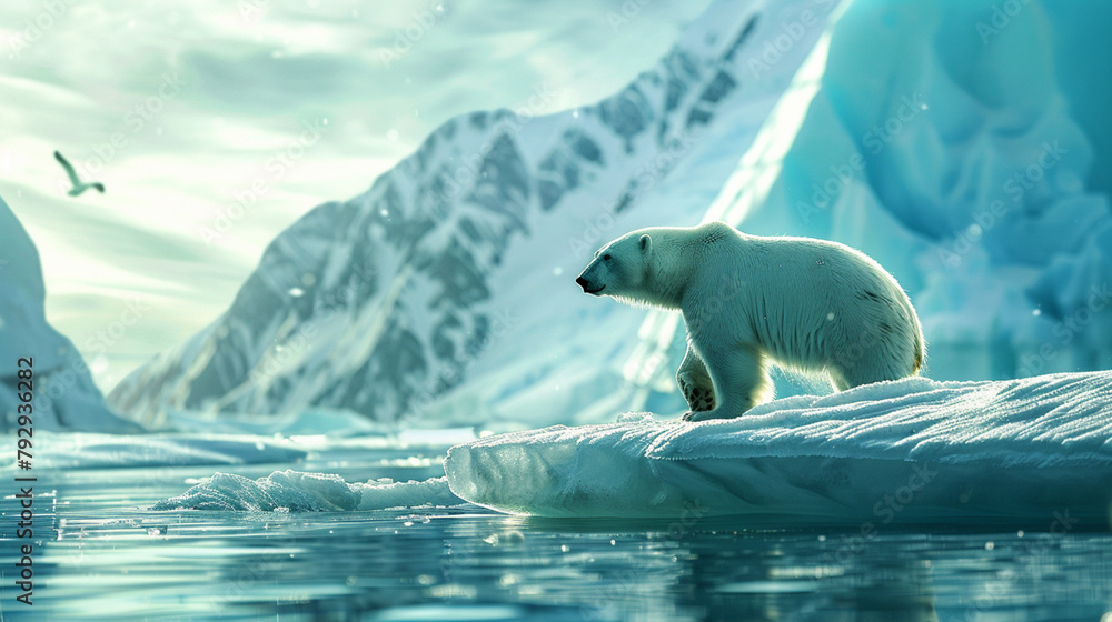 Fototapeta premium north pole landscape, polar bear in polar regions, winter season