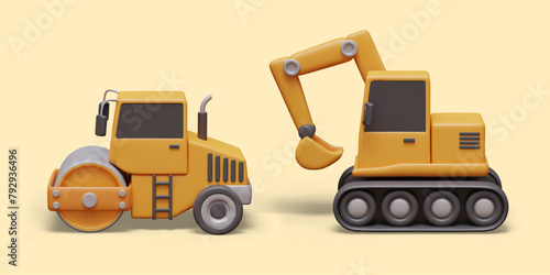3D road roller, excavator, side view. Modern heavy construction equipment