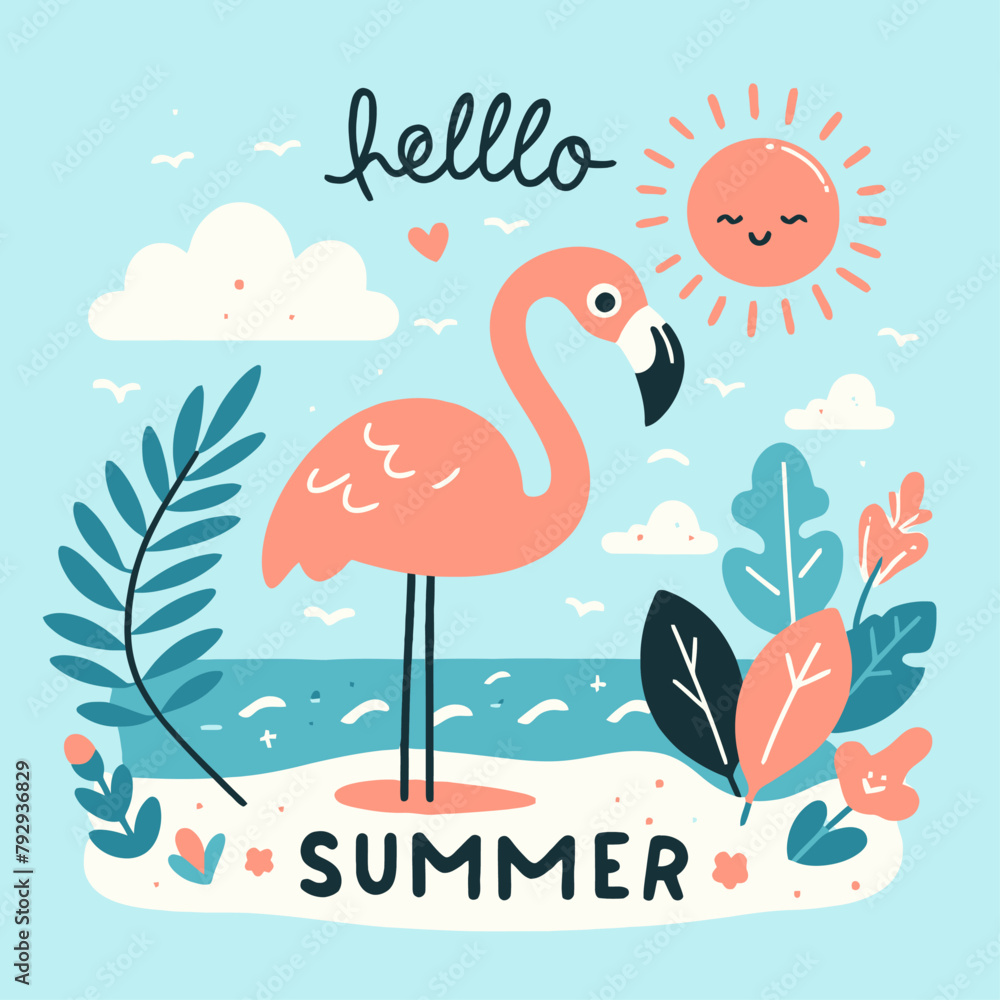 Naklejka premium vector illustration of Hello summer with text and cute animals 