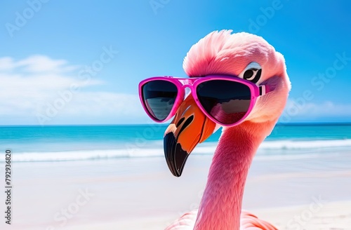 flamingo close-up in dark sunglasses. Close up image of head of Flamingo against blur background