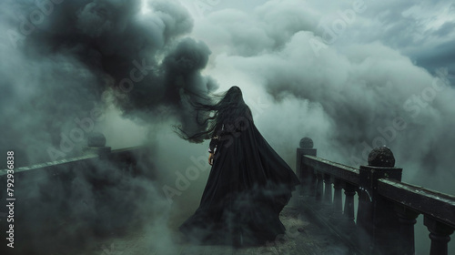 Young attractive Witch walking on the bridge 