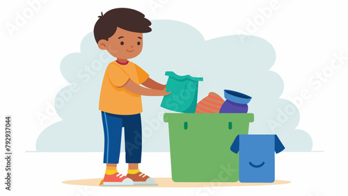 A child helps fill a bin with gently used clothes for their first donation to a clothing drive for the homeless.