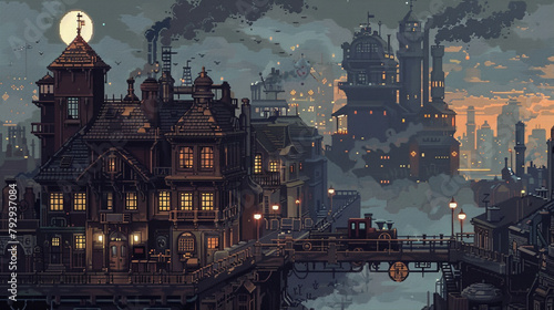 2d pixel art of steampunk city  cityscape  distopia  game art
