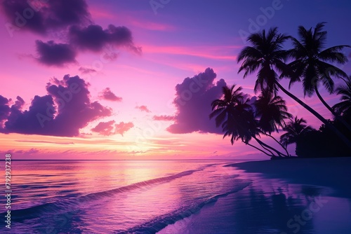 Sunset on a Tropical Beach with Palm Trees