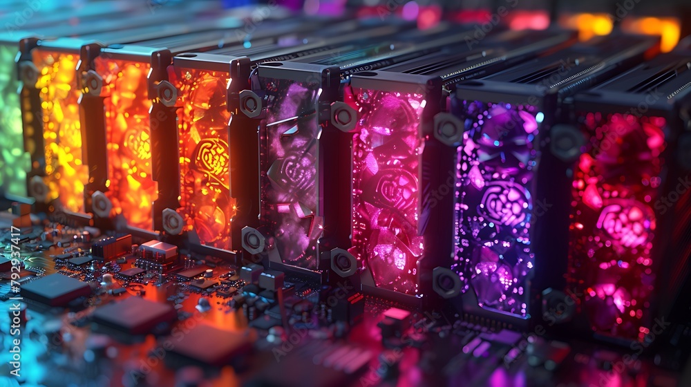 A digital artwork showcasing the evolution of graphic cards, arranged ...