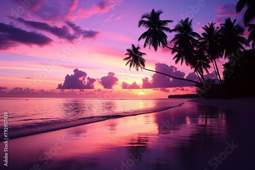 Sunset on a Tropical Beach with Palm Trees © Maqsudxon