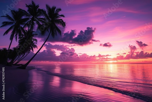 Sunset on a Tropical Beach with Palm Trees © Maqsudxon