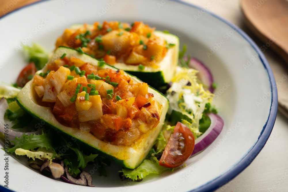 Zucchini stuffed with vegetables and fresh hake. Zucchini stuffed with vegetables and fresh hake.