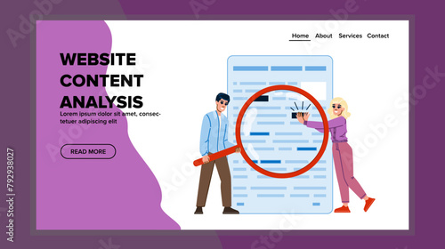 strategy website content analysis vector. analytics traffic, conversion user, experience readability strategy website content analysis web flat cartoon illustration