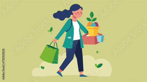 An environmentally conscious shopper carries a reusable bag filled with highquality thrift store finds minimizing their carbon footprint and