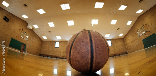 Basketball on Court with Hoops Rim Hardwood Floor Lights photo