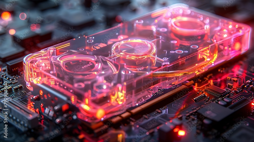 Conceptual artwork of a graphic card with holographic output capabilities, showcasing a card that projects 3D visuals directly from its surface. Conceptual artwork of a graphic card with holographic output capabilities, showcasing a card that projects 3D visuals directly from its surface.