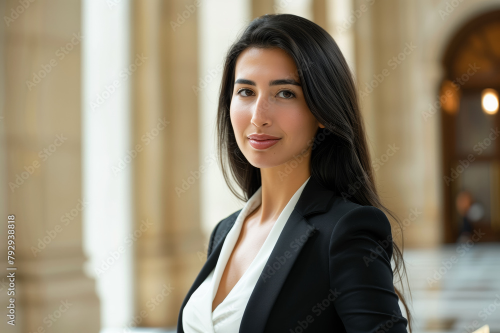 A woman in a black suit and white blouse poses for a photo A woman in a black suit and white blouse poses for a photo