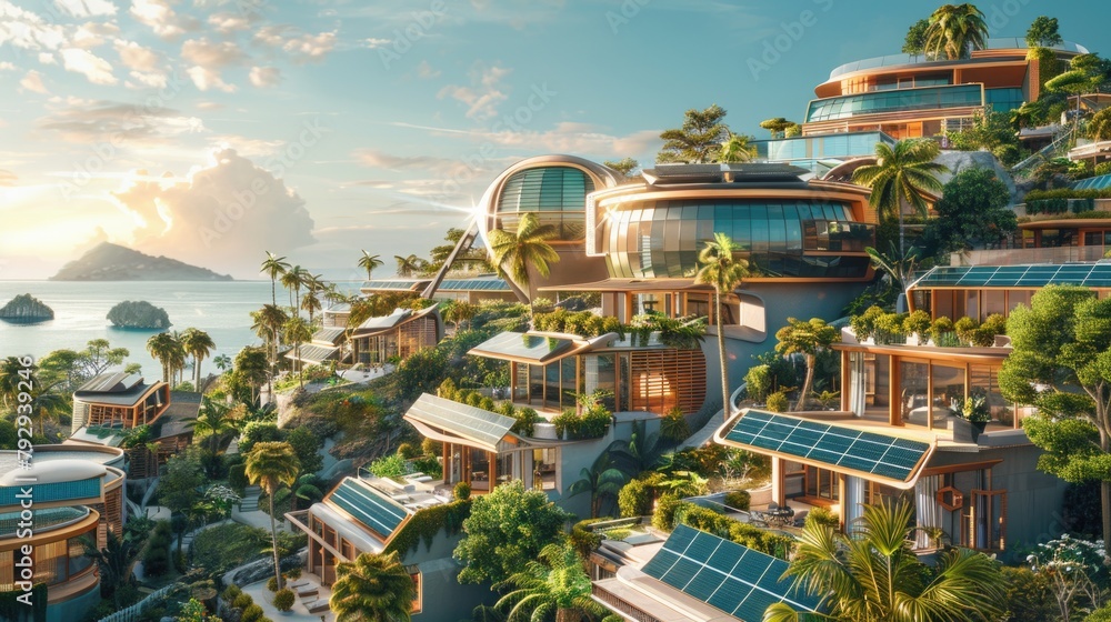 Panoramic view of a solarpunk residential area, with ecofriendly homes and abundant sunlight,