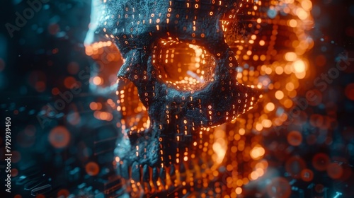 An illustration representing cyber crime, internet piracy, and hacking, based on a skull shape combined with binary code.