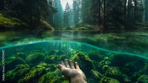 Einzigartige Waldlandschaft mit glasklaren Gewässer präsentiert von einer Hand als Naturschönheit photo