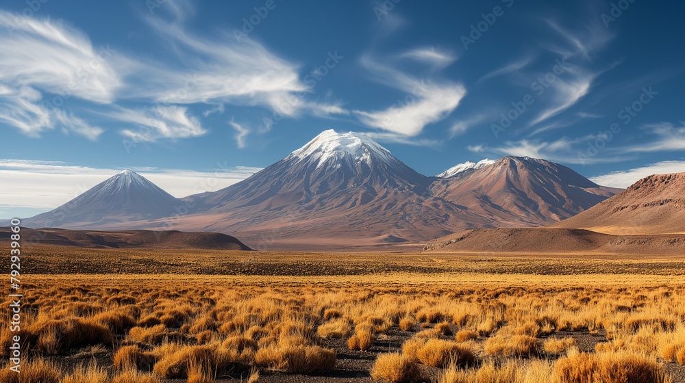 Volcanic peaks in the Atacama Desert with blue sky and clouds Volcanic peaks in the Atacama Desert with blue sky and clouds