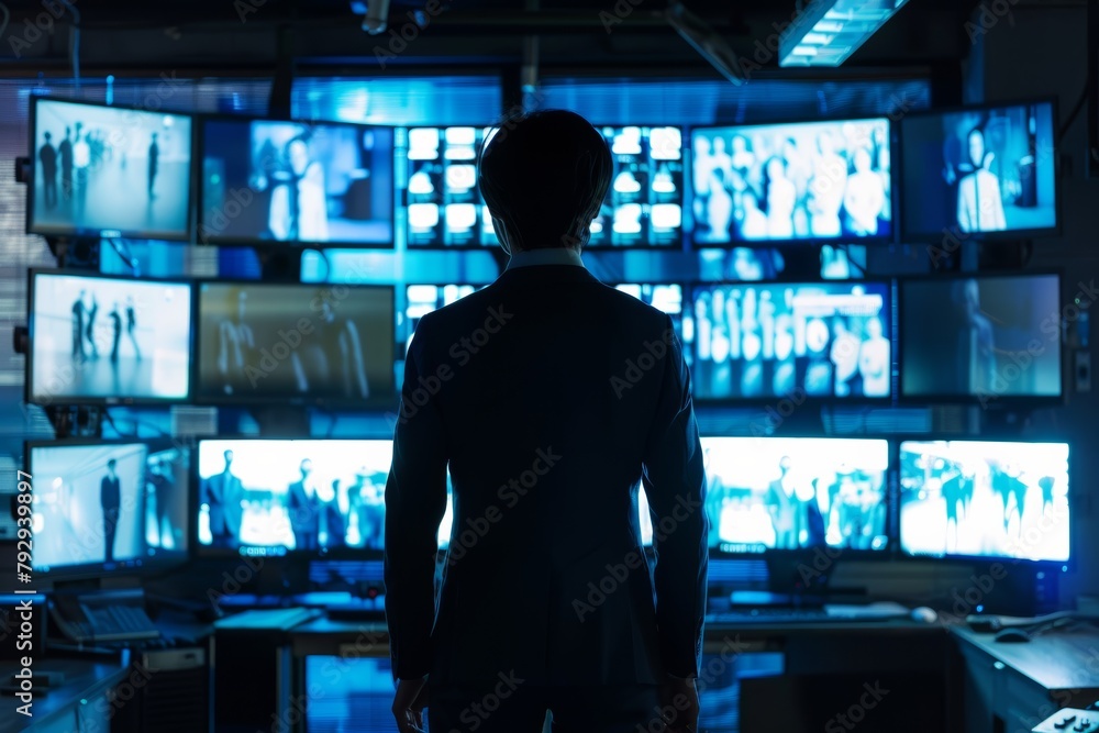 High-tech surveillance control center: man in suit, futuristic screens High-tech surveillance control center: man in suit, futuristic screens