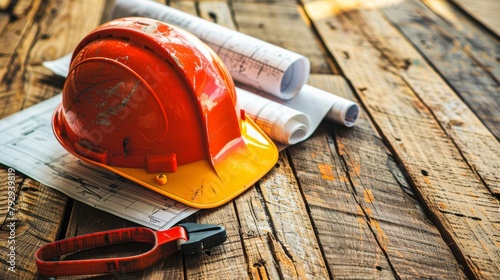 Wallpaper Mural A construction worker's hard hat sits on top of a stack of blueprints Torontodigital.ca
