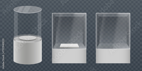 Empty Glass Showcase in Cube Form. Empty transparent glass cube. Cylinder glass showcase