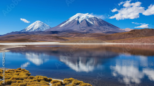 A tranquil salt lake in the Atacama Desert with a snow-capped volcano in the background