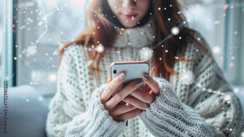 Young woman wearing sweater using smartphone at home 
