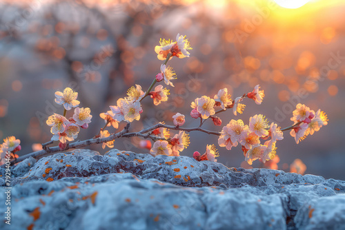 The morning sun shines on the peach blossoms blooming in winter, creating beautiful flowers with a background of rocks and distant mountains. Created with Ai
