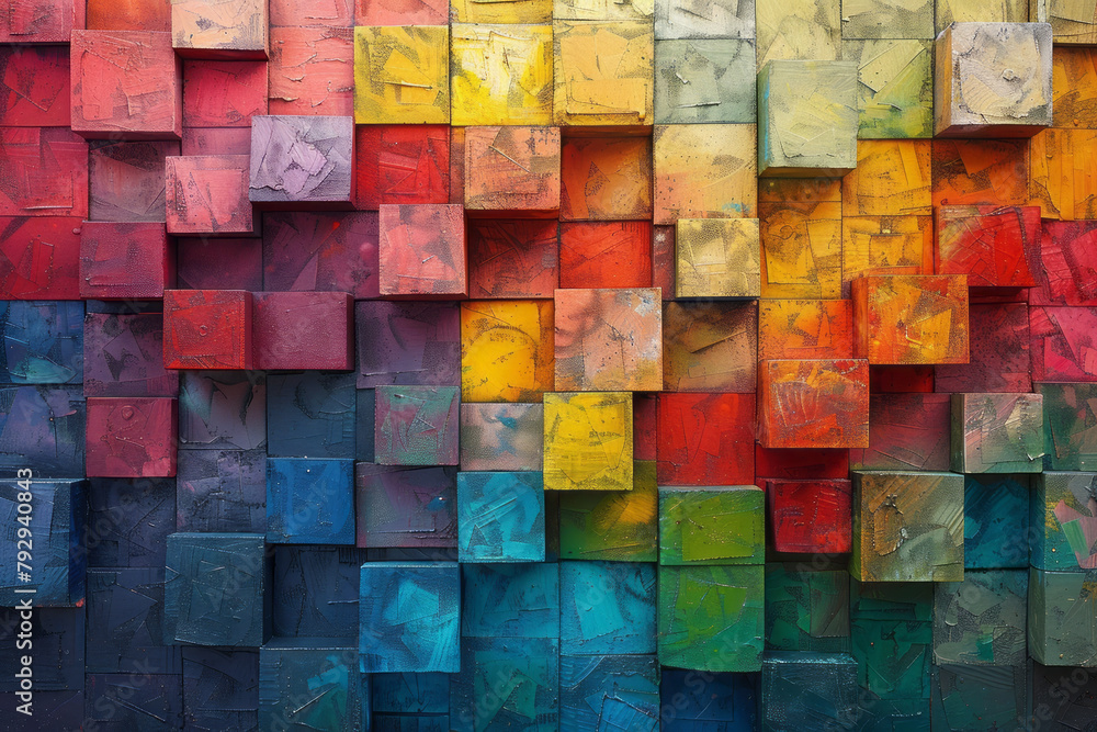 An image of a large mural on an urban street wall featuring an array of overlapping squares and rect An image of a large mural on an urban street wall featuring an array of overlapping squares and rect