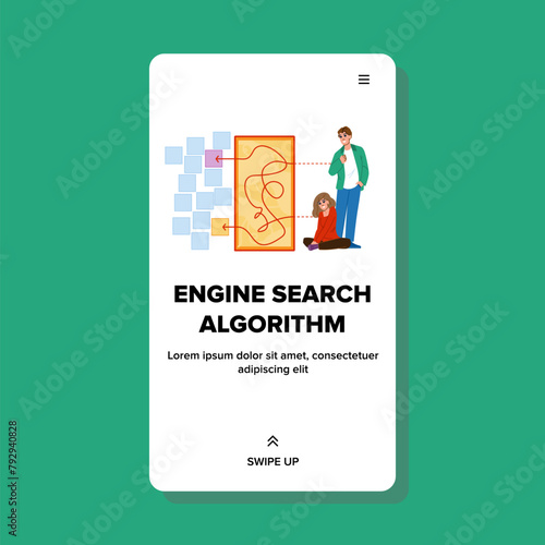 ranking engine search algorithm vector. results keywords, relevance bing, yahoo seo ranking engine search algorithm web flat cartoon illustration