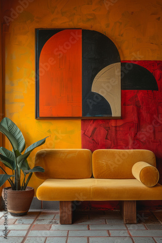 A photograph-style illustration of an interior design showcasing a living room wall painted with lar photo