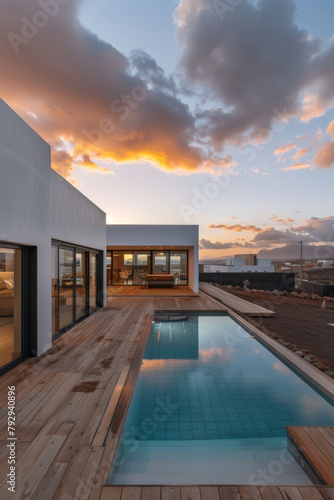 Contemporary Villa, Sunset Serenity with Wooden Terrace & Pool © M.Gierczyk