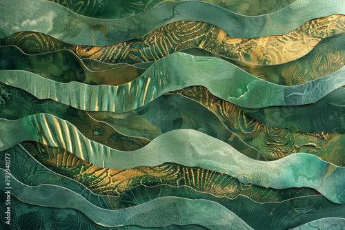 Overlapping waves and ripples in shades of green and gold, inspired by the concept of gratitude and abundance.  photo