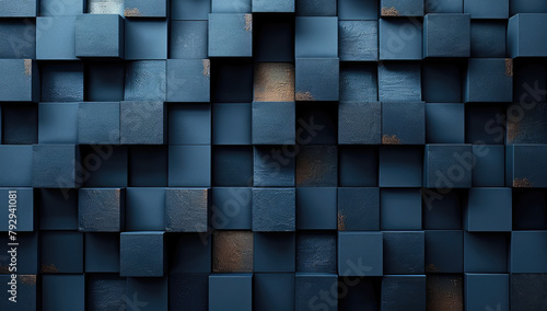  Dark blue background with cubes, 3D rendering of a dark geometric pattern, dark blue abstract wallpaper, with high resolution. Created with Ai