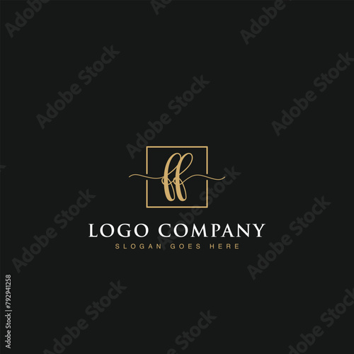 Initials signature letters FF linked inside minimalist luxurious square line box vector logo gold color designs for brand, identity, invitations, hotel, boutique, jewelry, photography or company signs