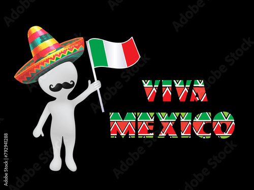 3D man in Mexican fiesta cinco de mayo. Fancy text , flag,hat symbol. Mexican party invitation card. Viva Mexico unique text lettering banner template