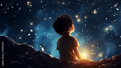 illustration of a boy looking at night starry sky with glitter glow galaxy flicker above, idea for prayer of hope, love, peace theme.