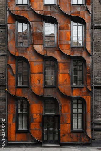 A photograph showing the facade of a building where rectangular bricks are arranged in a staggered p photo