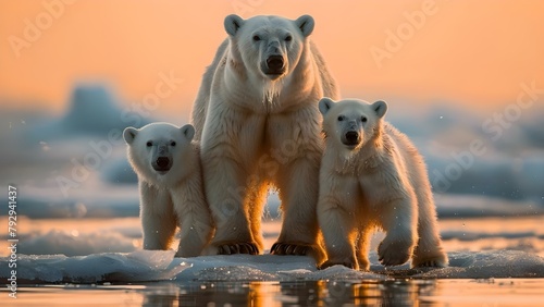Polar bear family survives melting ice thanks to global warming awareness and conservation efforts. Concept Polar Bears, Global Warming, Conservation, Melting Ice, Awareness